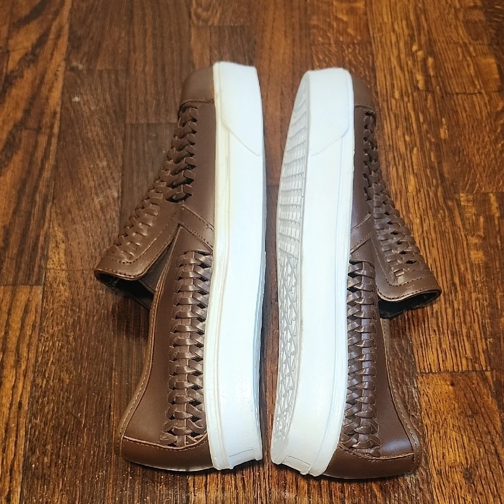 Hitchcock Wide Shoes Brown and White Slip-On Loafers with Woven Design